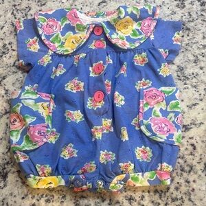 Vintage Floral Baby Romper with Blue and Pink Accents